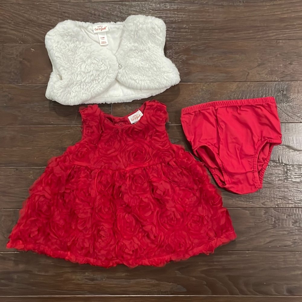 Girl Red Floral Formal Christmas Holiday Dress Fur Bolero and Bloomers 3-6M